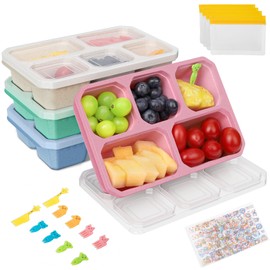 Snack Box with Compartments 4 Pack, 5 Compartments Snack Box with Fork Food Bag Stickers, Meal Prep Containers Reusable, Bento Lunch Box for Adults Kids, Work School Lunch Box(Green/Blue/Pink/Beige)