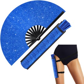 Ripeng 13" Glitter Large Rave Hand Fan Folding Clack Rave Fan for Women with Leg Strap and Fabric Case Bag for Dance, Edm (Royal Blue)