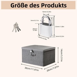 ACESOME Lockable Box with 4 Keys, Fabric Storage Box, Lockable Box, Box with Lock, Foldable Organiser Box for Clothes, Toys (Grey, 30 x 20 x 14 cm)