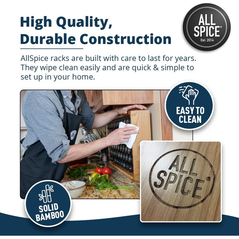 AllSpice Spice Rack Organizer, Wood, 525 Unique Labels, Countertop or
