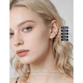 Kosuwo Moissanite Stud Earrings Set, 925 Sterling Silver, 18K White Gold Plated, Hypoallergenic, 5 Pairs, for Women and Men (18K White Gold)