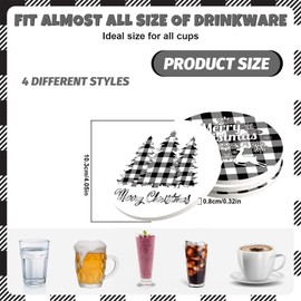 Whaline 4Pcs Merry Christmas Coasters Black White Buffalo Plaid Drink Coasters Xmas Tree Truck Reindeer Absorbent Ceramic Coasters Winter Cup Mat for Home Kitchen Table Decor