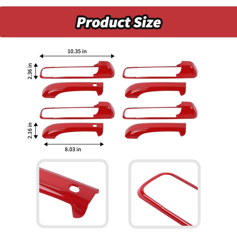 JeCar Red Door Handle Cover Trim Fit for Dodge RAM