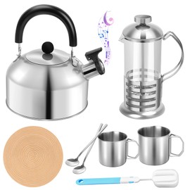 YOTINO Tea Kettle and French Press Coffee Maker 8pcs Set 3L Whistling Tea Kettle Stovetop 350Ml French Press Stainless Steel Mugs Stainless Steel Spoons Sponge Brush Hot Pad For Tea Coffee