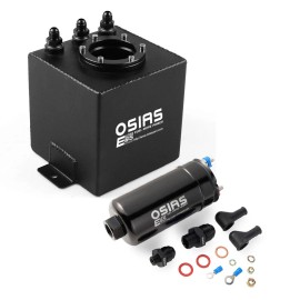 OSIAS 044 External Fuel Pump + 2L Black Aluminum High Flow Swirl Fuel Surge Tank AN6