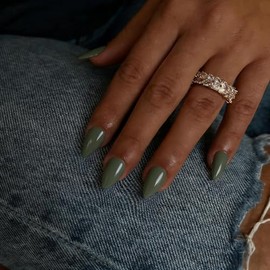 Uñas postizas cortas color almendra y verde oliva, uñas acrílicas puntiagudas y brillantes, con pegamento, reutilizables, fáciles de aplicar, 30 unida