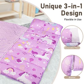 Beavtaens Nap Mat: Toddler Nap Mat with Removable Pillow and Removable Fleece Minky Blanket, Light Weight and Soft Perfect for Preschool and Daycare, 55"x22" Fit Standard Cot(Unicorn)