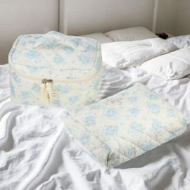 VOCOSTE 2pcs Quilted Makeup Bag, Large Capacity Cosmetic Bag, Blue Rose Makeup Bag, Cute Makeup Bag, Travel Cosmetic Bags for Women Girls, White