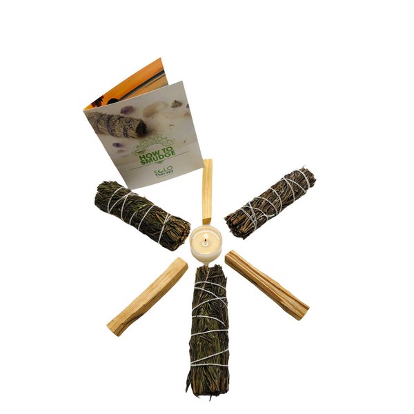 Solo Therapy Smudge Kit: 3 Rosemary Smudge Sticks, 3 Palo Santo Sticks from Perú, 1 Frankincense Tea Light Candle for Cleansing, Meditation, Yoga, How to Smudge Guide Included
