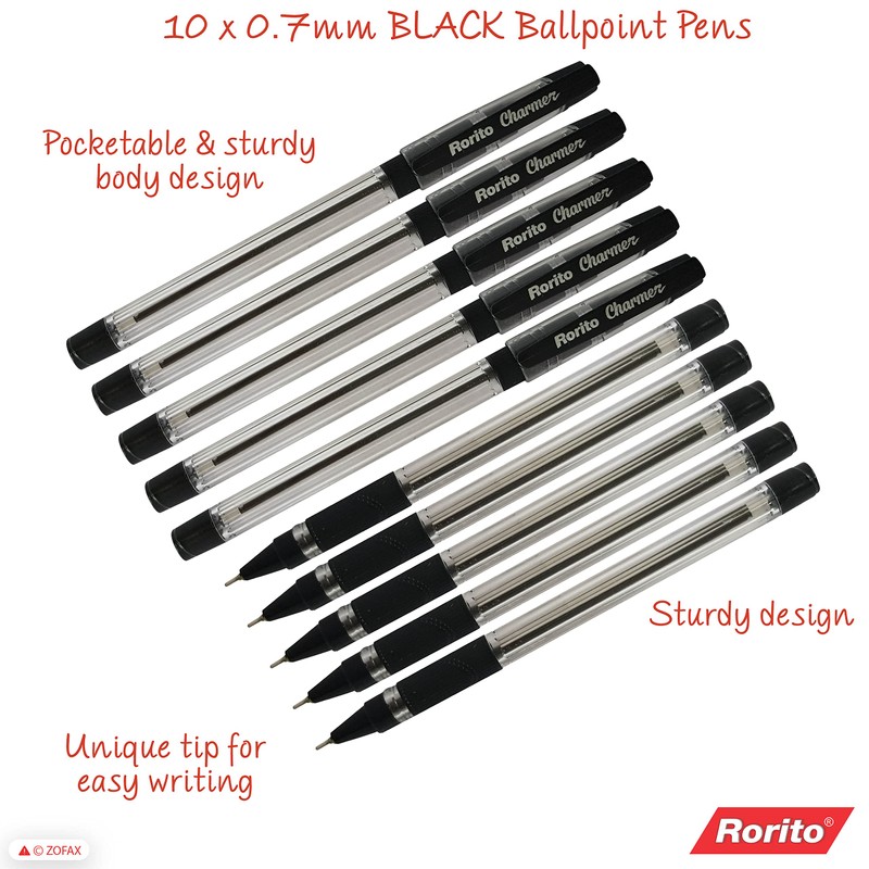 rorito 10 x 0.7mm Charmer BLACK Ballpoint Pens Soft Grip
