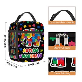 Kids Insulated Lunch Bag Autism Awareness Boys Lunch Boxes for School Waterproof Lunchbox with Water Bottle Holder, Girls Reusable Portable Lunch Tote for Camp Hiking Beach Picnic(Elephant)