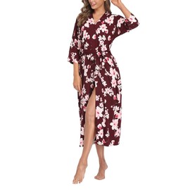 Women's Soft Robes Lightweight Kimono Loungewear Long Nightgown Knit Bathrobe Casual Sleepwear Pajamas with Pockets, Floral Wine X-Large