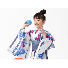 Children's Yukata, Separate Girls, Sash, 2-Piece Set, Easy 2-Way Cami Dress, Separate Yukata, 100% Cotton, Waist Belt, Vertical striped purple camellia