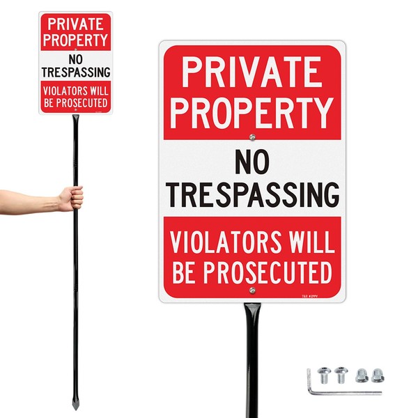 T&R Large Private Property No Trespassing Sign with 54" Stake,