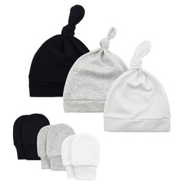 Durio Newborn Baby Hat and Gloves Set Knot Beanie Hat Scratch Mittens Baby Boys Girls 0-6 Months, Black, white and grey