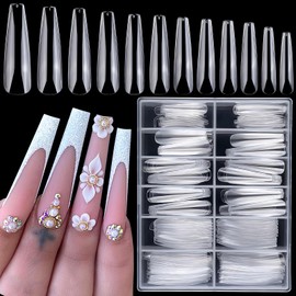 LoveOurHome XL Coffin Acrylic Nail Tips, 240pc Ballerina Shaped, Full Cover Artificial Fingernails, ABS Material, 12 Sizes for Women & Girls Nail Extension