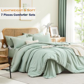 Cupocupa Queen Comforter Set with Sheets,Sage Green 7 Pieces Bed in a Bag Comforters Queen Size Set for Bedroom; Bedding Comforter Set, Flat Sheet, Fitted Sheet, Pillowcases and Pillow Shams