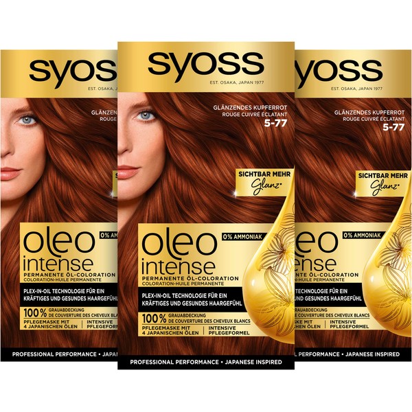 Syoss Oleo Intense Permanent Oil Colouration Hair Colour, 5-77 Shiny Copper Red with Nourishing Oil and Ammonia Free, Pack of 3 (3 x 115 ml)