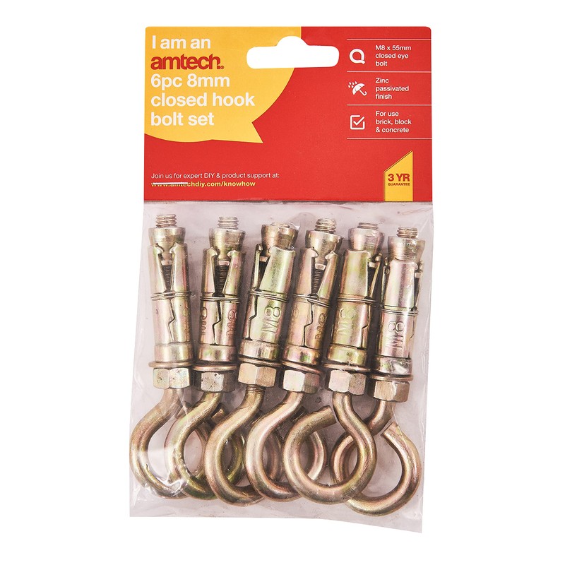 Amtech S5965 6 Piece 8mm Closed Hook Bolts