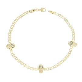 kelistom Evil Eye Anklet 14K White Gold Plated Ankle Bracelets for Women Zircon Inlay Evil Eye Hamsa Hand Charm Mariner Chain Anklets Waterproof 3-hand (Gold, 10 INCH)