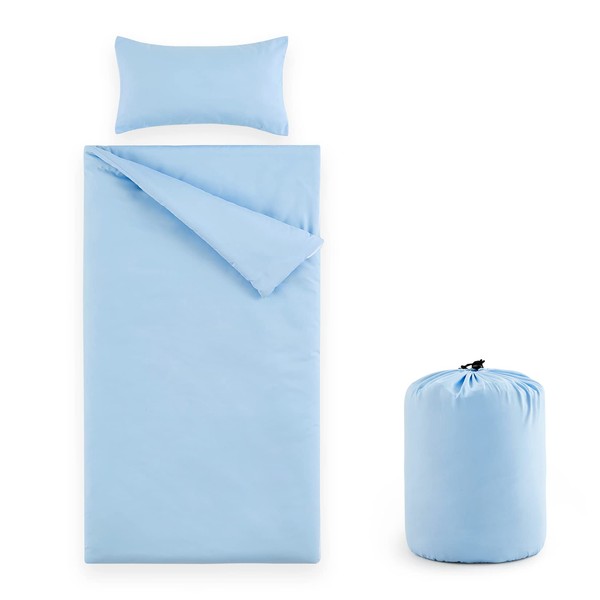 Wake In Cloud - Sleeping Bag Zippered, Nap Mat with Matching Pillow for Kids Boys Girls Sleepover Overnight Travel Slumber Bag, Solid Plain Color Light Blue, 100% Soft Microfiber