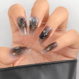 Sethexy Black Gradient Nails Press On 3D Crystal Flower Handmade False Nails Acrylic Shiny False Nails for Women and Girls 20 Pieces (V)