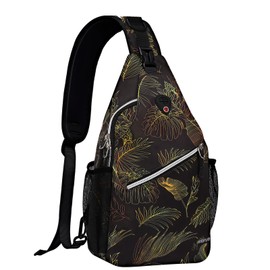 MOSISO Crossbody Sling Backpack, Portable Travel Hiking Daypack Chest Sling Bag Casual Daypack One Strap Chest Backpack for Women Men Outdoor Hiking Travel, Golden Line Monstera Leaf