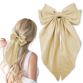 Big Hair Bows Silky Satin Hair Bow with Long Tail Hair Ribbons Bows Hair Clips Cute Hair Accessories for Women (Khaki,1Pcs)