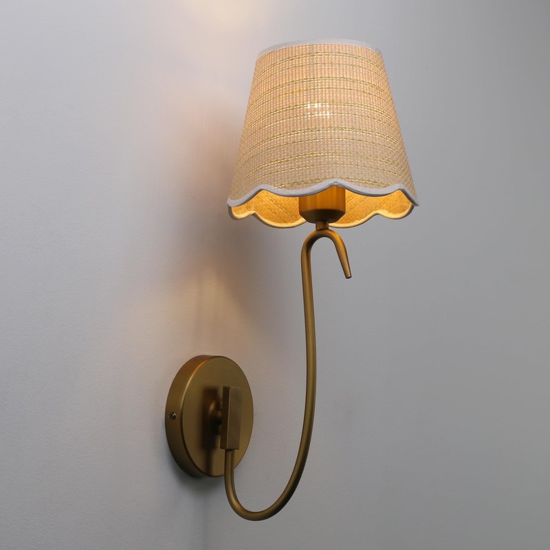JIMUBEAM Swan Neck Vintage Brass Wall Sconce 1-Light with Rattan