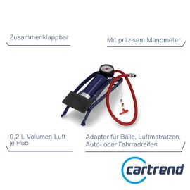 cartrend Cartrend Einzylinder Fu?luftpumpe, fr Auto- und Fahrradreifen sowie andere Objekte, inkl. Standard- und Spezialadapter, Manometer bis 7 bar, 0,2 l Volumen je Hub, Schlauchl?nge ca. 50 cm