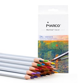 Marco Colored Pencils Set, 24 Colors, 6-Axis Water Based Colored Pencils, Water Soluble Colored Pencils, Hexagonal Axis, Light Blue, Includes Water Brush, Children and Adults Coloring Books, Great