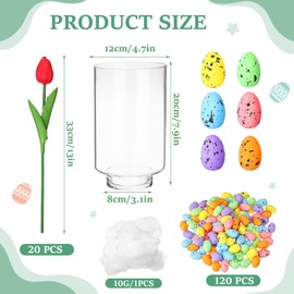 Sunnychicc Easter Decorations Flowers Tulip Centerpiece with Vase, Include 20 Pcs Artificial Tulip Pick 120 Pcs Easter Egg 2 Glass Vases 1 Pack Cotton for Spring Table Decor(Colorful)