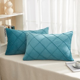 JAUXIO Diamond Pinch Pleated Crystal Velvet Pillowcases 2 Pack Solid Pintuck Throw Cushion Cover for Home Decor Hidden Zipper Closure (Teal Blue, Standard)