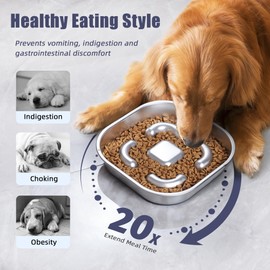 Nicelock Slow Feeder Dog Bowls 304 Stainless Steel 5 Cups, Large Capacity Dog Food Slow Feeding With Non-Slip Rubber Base, 2-in-1 Slow Feeder Metal Dog Bowl for All Breeds Size