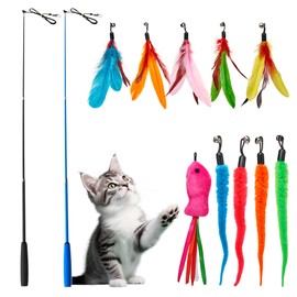 Toozey Cat Toy 12 Pieces, Cat Fishing Rod with 2 Pieces Retractable 10 Cat Toy Replacement Feathers, Cat Toy Self-Employment with Feather/Bug/Fish Bell, Interactive Cat Toy Set