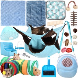 Soulchen 20 Pcs Hamster Toys Set Include 10 Hamster Toy, Blanket, Mat, Towel, Small Toilet, Feeding Bowl, Cleaning Kit, Water Dispenser, Pet Hammock, Play Path,Travel Bag for Small Animals(Blue)