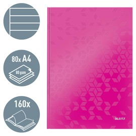 Leitz WOW A4 Ruled Casebound Notebook with Laminated Hardcover Cardboard, 160 Pages / 80 Sheets of FSC Certified Paper (80gsm), 215 x 302 x 14mm, Pink, 46251023