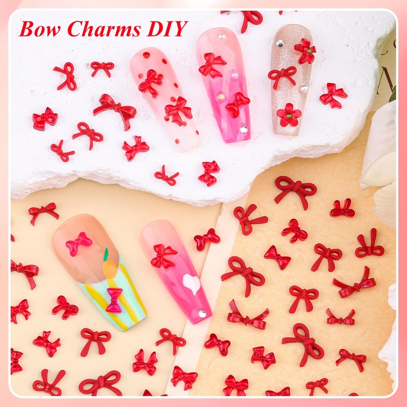 1 Box Red Mini Bow Nail Charms,3D Resin Bows Charms