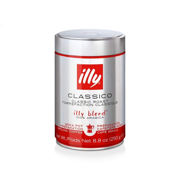 Illy Moka Ground Coffee Medium Roast Tin with Silver/Red Sleeve