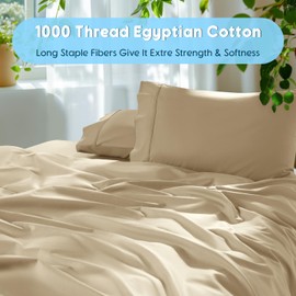 SONORO KATE 100% Egyptian Cotton Sheets Set - 1000 High Thread Count, Luxury 5-Star Hotel Sateen Bed Sheets, Soft, Breathable Long Staple Sheets, Fit up to 16" - 4 PC (Beige,Queen)