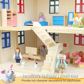 DUOCIYUAN Dollhouse Dolls, 11 Pieces Dollhouse Figures with Cat and Dog Dolls Family Set Wooden Doll Toy for Children Doll Families Bending Dolls for Mini Dolls Accessories Gift