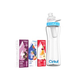 Cirkul 22oz. BPA-Free Plastic Water Bottle Starter Kit with Blue Lid, 3 Flavor Cartridges (1 LifeSip Fruit Punch, 1 FitSip Mixed Berry, 1 GoSip Black Cherry) Zero Calories and No Sugar