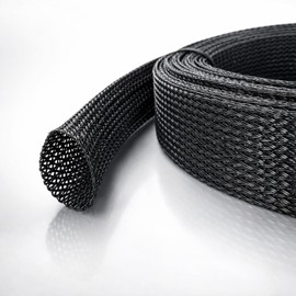 MGI SpeedWare Funda de cable trenzada de PET extensible sin dividir, telar negro de alta temperatura para arnés automotriz y gestión de cables resistente a las mordeduras, longitud de 25 pies (1.5 pulgadas)