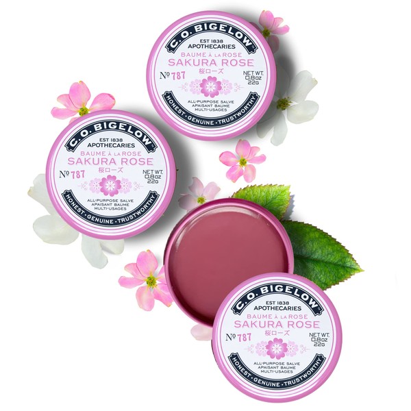 C.O. Bigelow All Purpose Salve Lip Balm Tins, Sakura Rose Salve Pack of 3 for Chapped Lips & Dry Skin - Moisturizing Lip, Cuticle and Skin Salves, 0.8 oz each