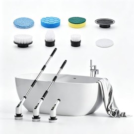 Cepillo Electrico para Baño Limpieza, con 9 Cabezales Intercambiables, Cepillo Giratorio Inalámbrico con Mango Ajustable, Ideal para el Baño y la Coci