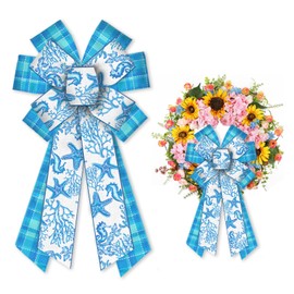 ALIBBON Large Summer Sea Bows for Wreaths, Summer Wreath Bows, Blue Buffalo Plaid Bows for Front Door, Summer Decor, Seaweed Starfish Burlap Bows for Summer Wreath Indoor Outdoor Decoration
