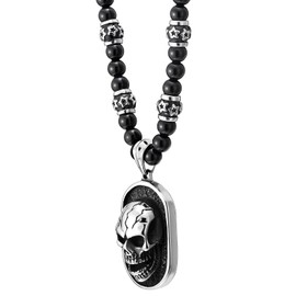 COOLSTEELANDBEYOND - Collar con colgante de calavera de estilo gótico para hombre, cadena de abalorio de ónix negro, acero inoxidable, etiqueta de perro ennegrecida, Ónix negro sintético, Sin piedra