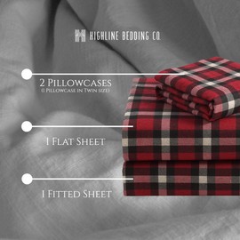 Highline Bedding Co. Flannel Sheet Set King Size- 100% Turkish Cotton, Double-Brushed, Ultra-Soft, Plush, Cozy 4-Piece Set (Dover Plaid, Red and Black)