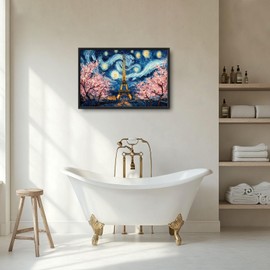 Eiffel Tower Large Wall Art Paris Cherry Blossom Pictures Wall Decor Landmark Landscape Canvas Starry Sky Print Painting Modern Artwork Home Decoration for Living Room Bathroom Bedroom Office Framed 24"x36"