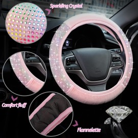 7 Pcs Pink Bling Pink Steering Wheel Cover Set Fluffy Car Accessories for Women Includes Rhinestone Seat Belt Covers and 2.75 Inch Bling Car Cup Holders Fuzz Gear Shift Cover Crystal Push Start Button